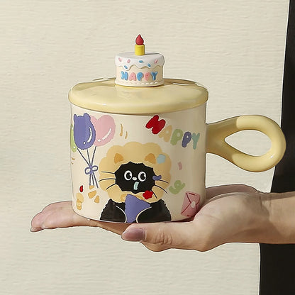 Adorable Cartoon Cat Birthday Ceramic Mug with Lid and Gift Box