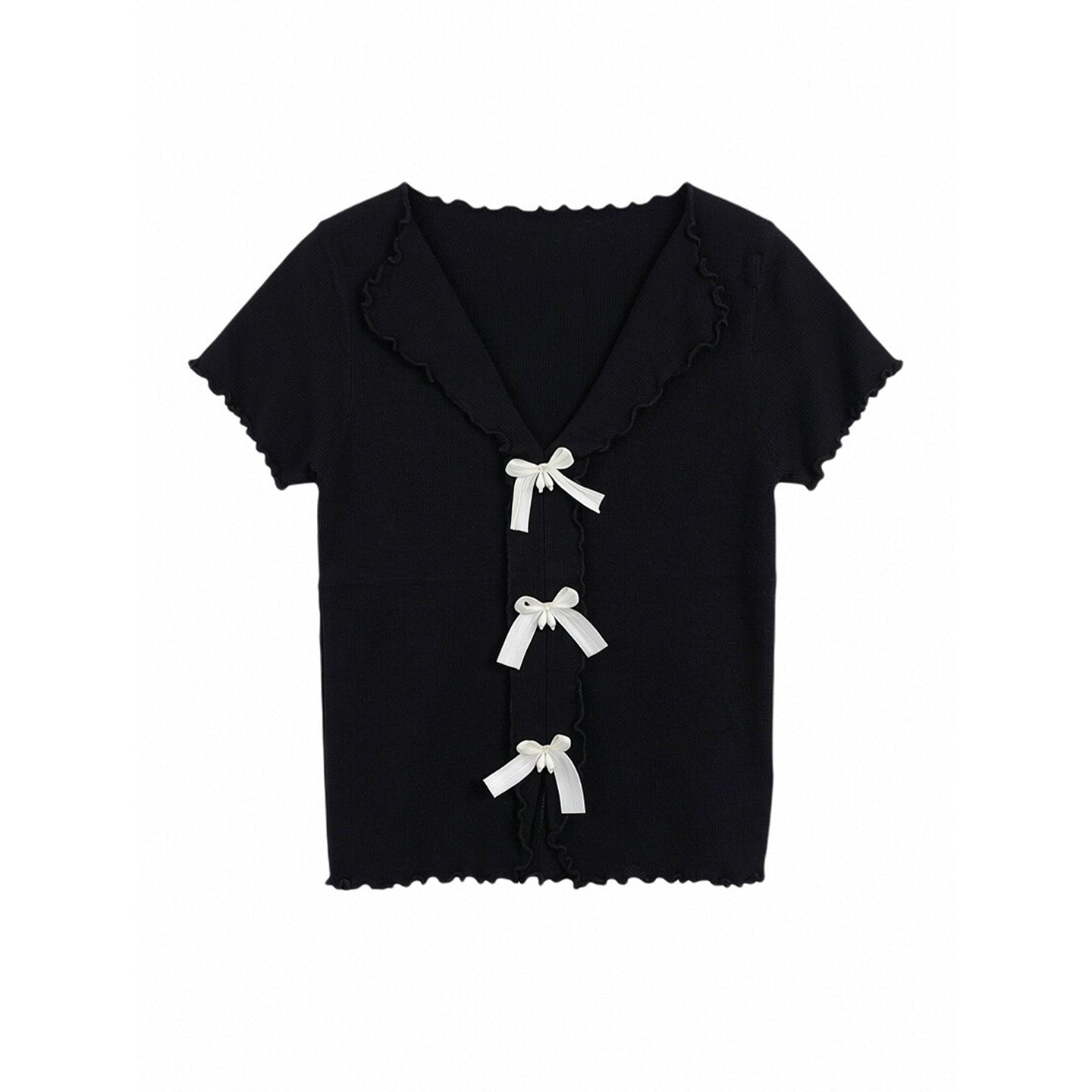 Sweet Butterfly Knot Knit Top - Elegant Ruffled Trim Summer Blouse for Women
