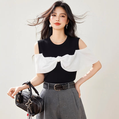 Stylish Color-Block Knitwear - Fitted Short Sleeve Top for Women