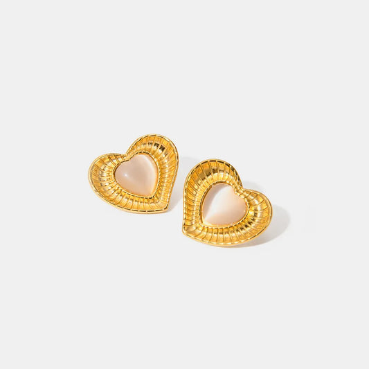 Gold Tone Cat Eye Stone Heart Stud Earrings