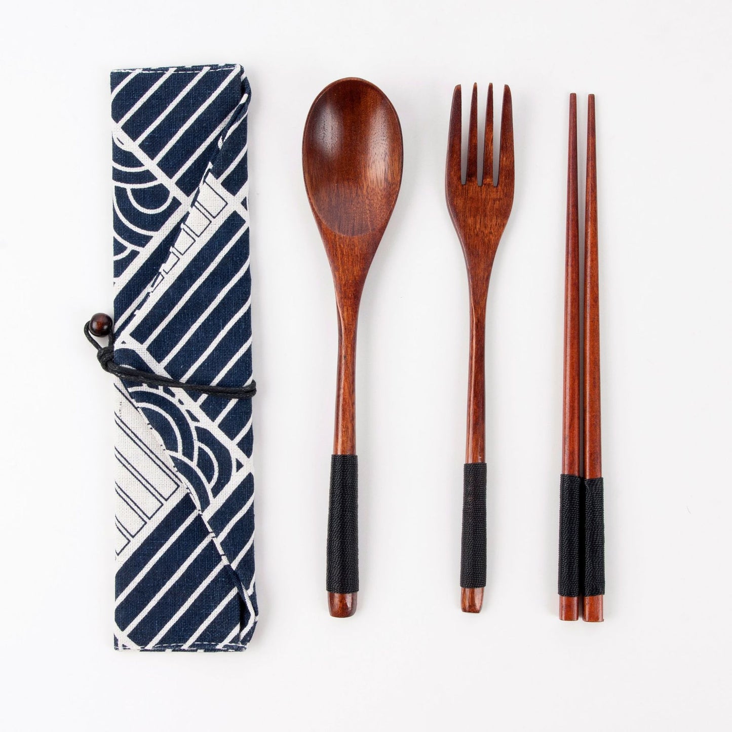 Japanese Style 3-Piece Portable Wooden Cutlery Set with Pouch