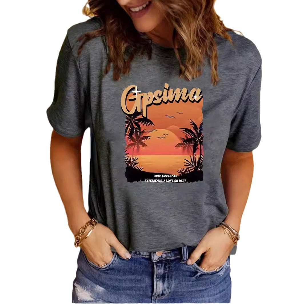 GPSIMA Sunset Beach Printed Round Neck Short Sleeve T-Shirt | Graphic Vacation Tee