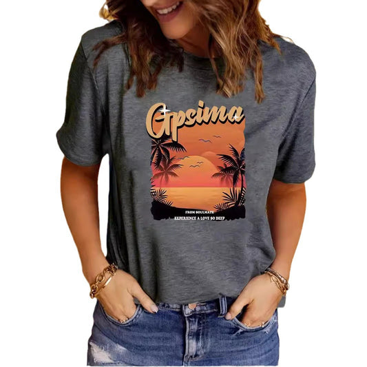 GPSIMA Sunset Beach Printed Round Neck Short Sleeve T-Shirt | Graphic Vacation Tee