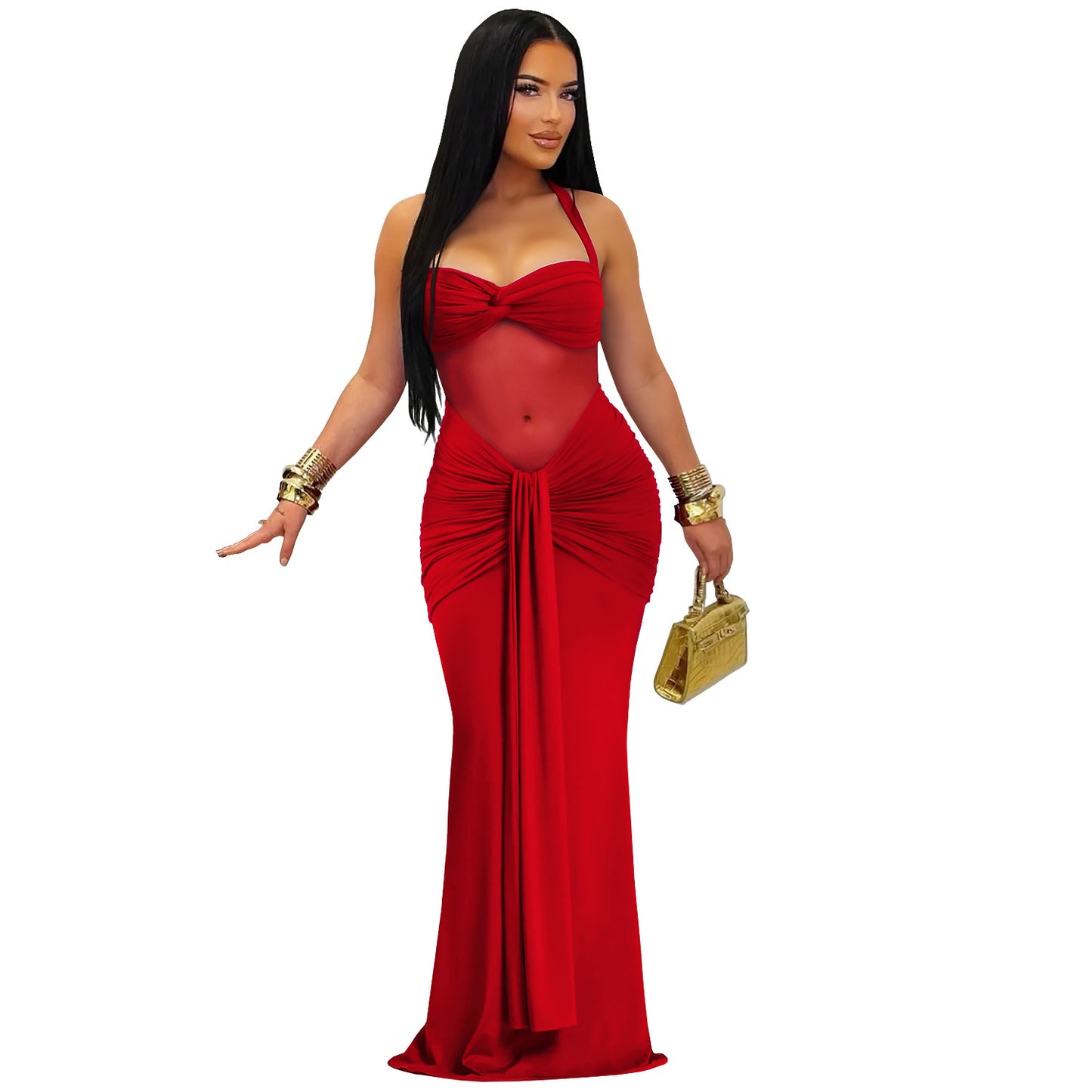 Elegant White Sheer Mesh Halter Maxi Dress – Sexy Tie-Back Glamorous Evening Gown for Women