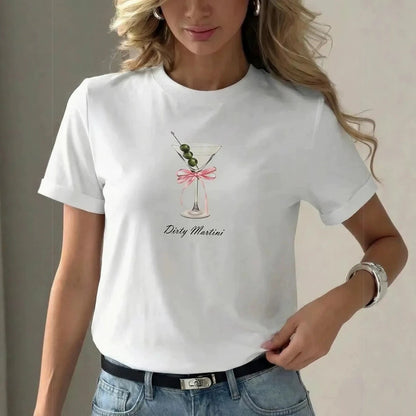 Dirty Martini" Cocktail Graphic Printed Loose Round Neck T-Shirt