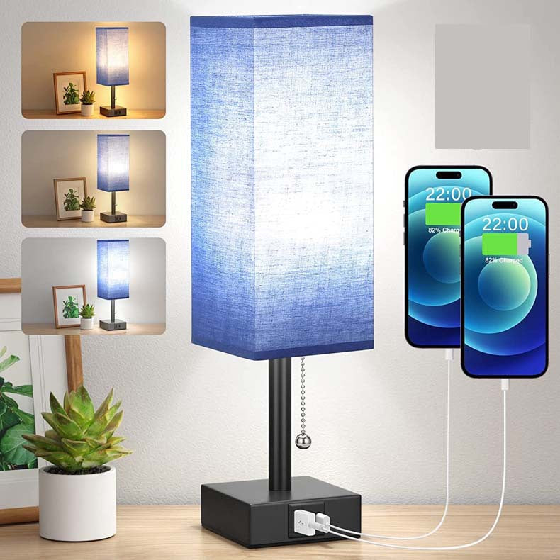 Modern Square Linen Desk Lamp with Dual USB Ports – 3 Color Modes & Pull Chain Switch for Bedroom