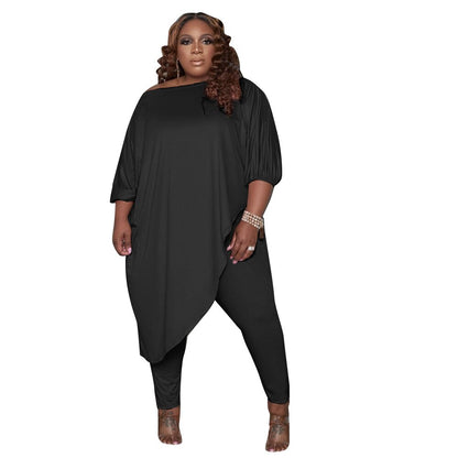 Trendy 2-Piece Women's Lounge Set - Asymmetric Diagonal Collar T-Shirt & Matching Slim Trousers