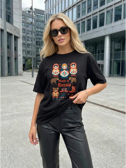Women's "Made in Russia" Matryoshka Doll Graphic T-Shirt