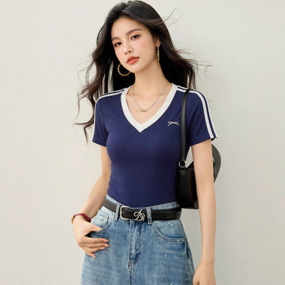 White V-Neck Bow Tie Knit T-Shirt - Waist-Cinching Short Sleeve Top