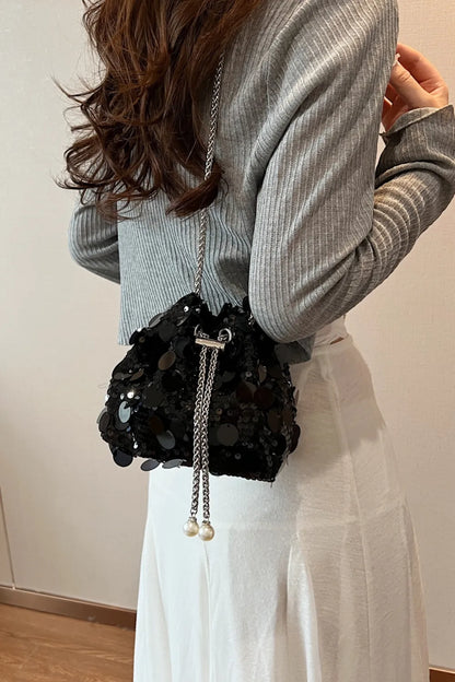Shimmering Drawstring Sequin Pouch Crossbody Bag