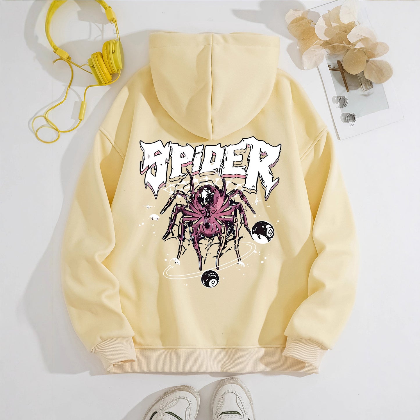 Grunge Spider Graphic Print Hoodie | Oversized Lavender Pullover for Streetwear