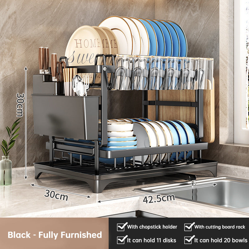 2-Tier Carbon Steel Dish Rack with Cutting Board & Utensil Holder