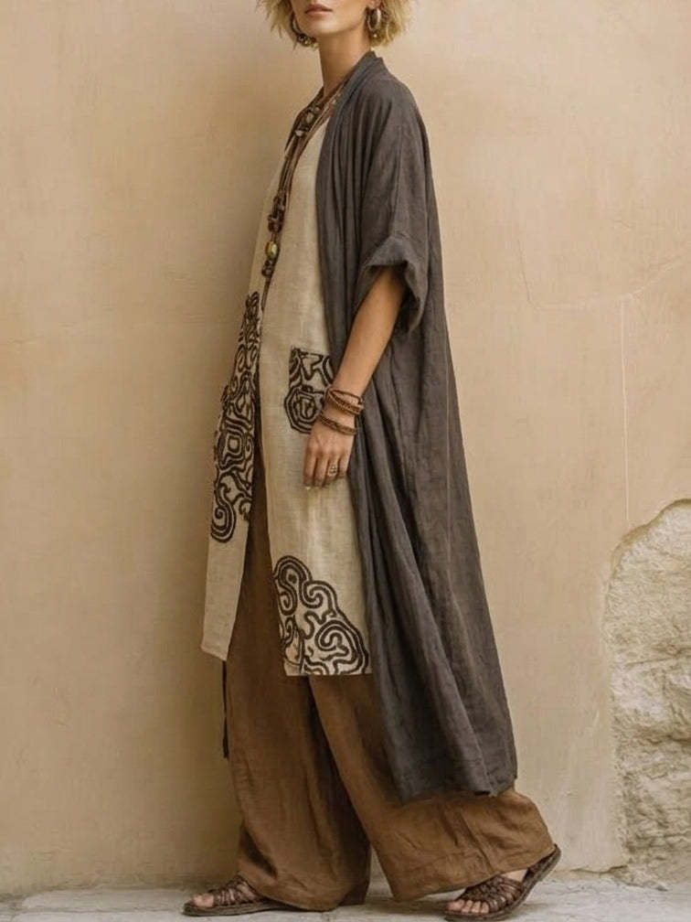 Women's Retro Embroidered Long Robe and Wide-Leg Pants Two-Piece Set