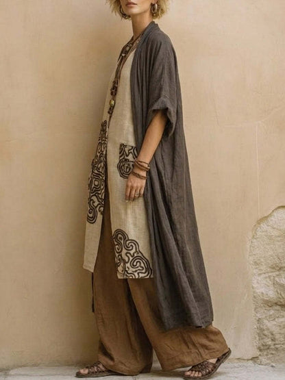 Women's Retro Embroidered Long Robe and Wide-Leg Pants Two-Piece Set