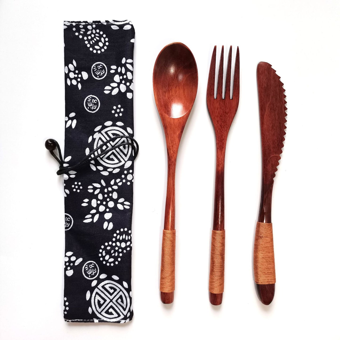 Japanese Style 3-Piece Portable Wooden Cutlery Set with Pouch