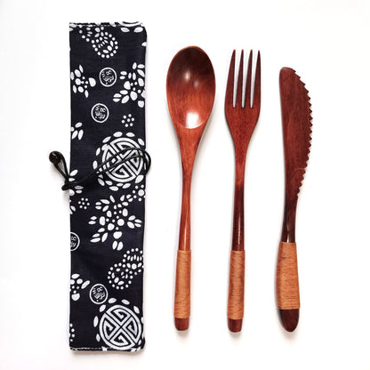 Japanese Style 3-Piece Portable Wooden Cutlery Set with Pouch