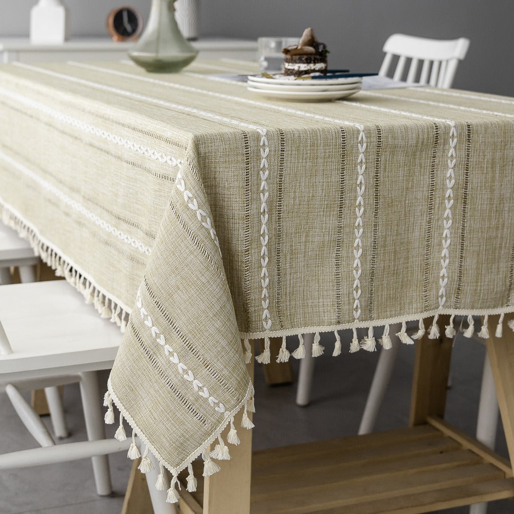 Nordic Jacquard Cotton Linen Tablecloth – Elegant Pink Long Stripe Table Cover with Decorative Tassels