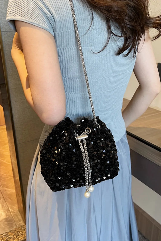 Sparkling Sequin Drawstring Bucket Bag with Chain Strap