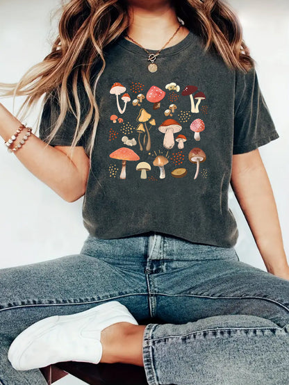 Vintage Mushroom Pattern Printed Round Neck Short Sleeved T-Shirt | Nature Graphic Tee