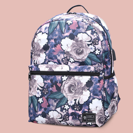 Two-Piece Large Capacity Floral Print Backpack with USB Charging Port - Peony Design