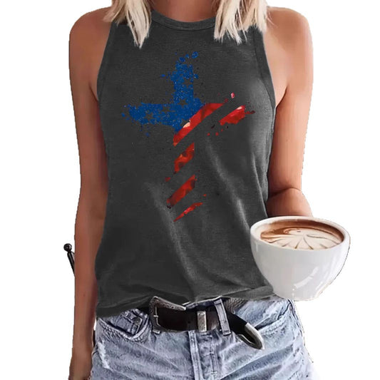 Sleeveless Top T-Shirt Round Neck Pullover | Patriotic American Flag Cross Graphic Tank
