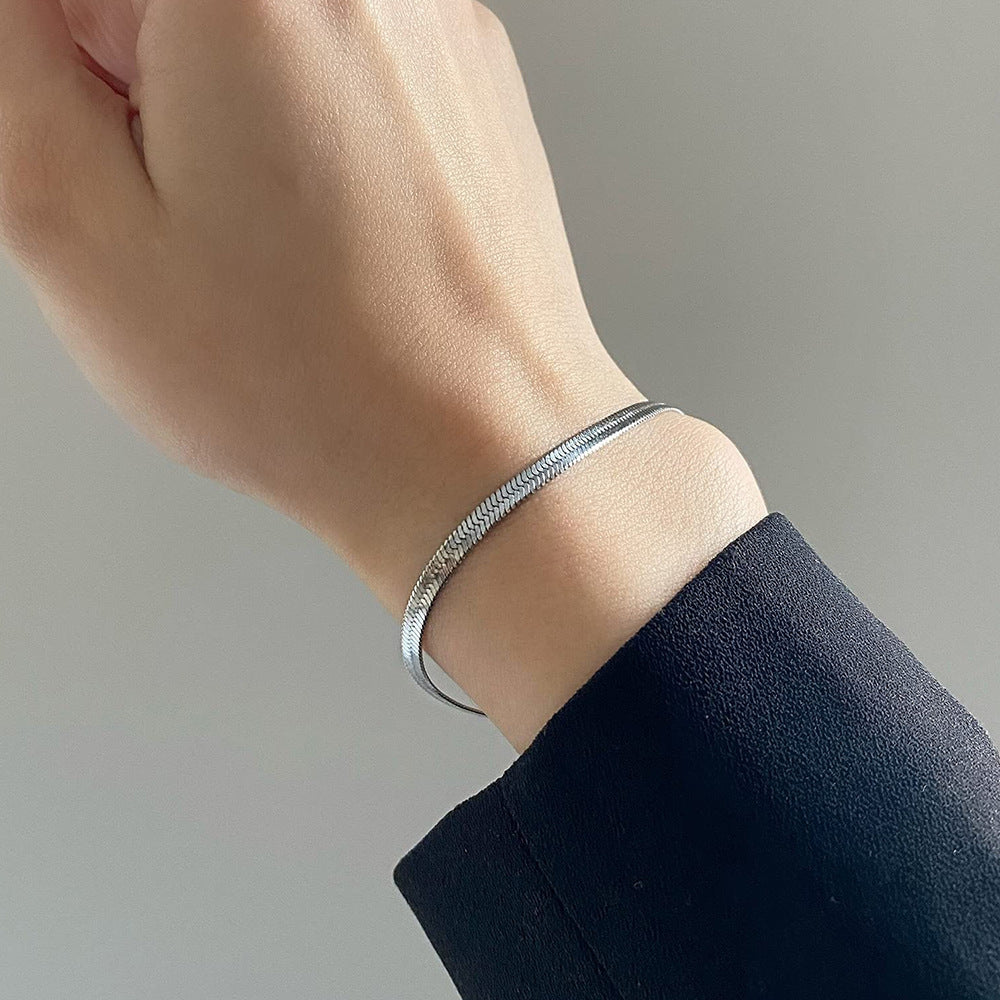 Minimalist Herringbone Flat Chain Heart Charm Bracelet for Women