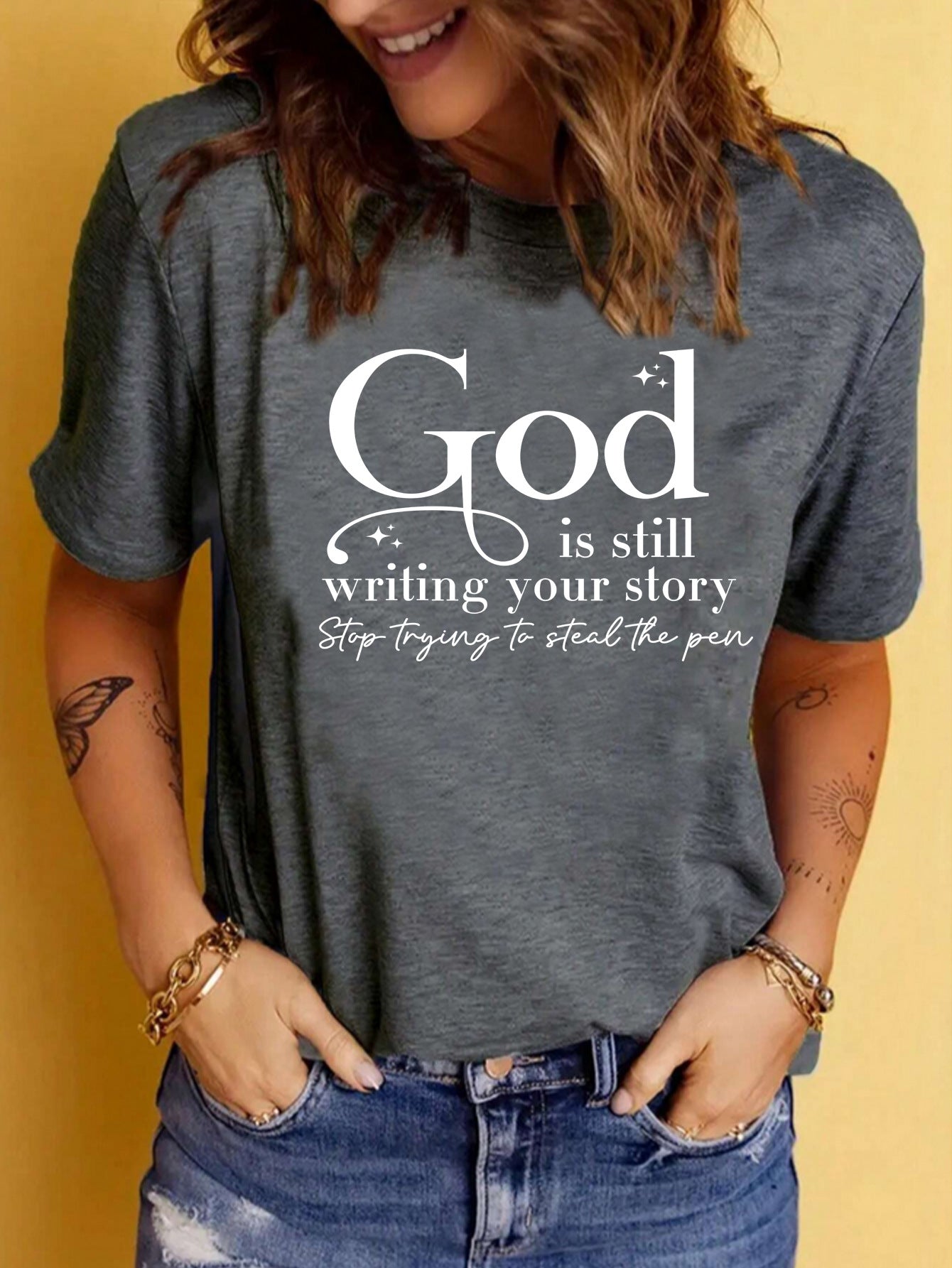 God is Still Writing Your Story' Inspirational Slogan Printed Round Neck T-Shirt