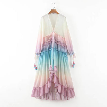 Gradient Sunset Ruffle Maxi Dress - Boho Deep V-Neck Long Sleeve Beach Gown