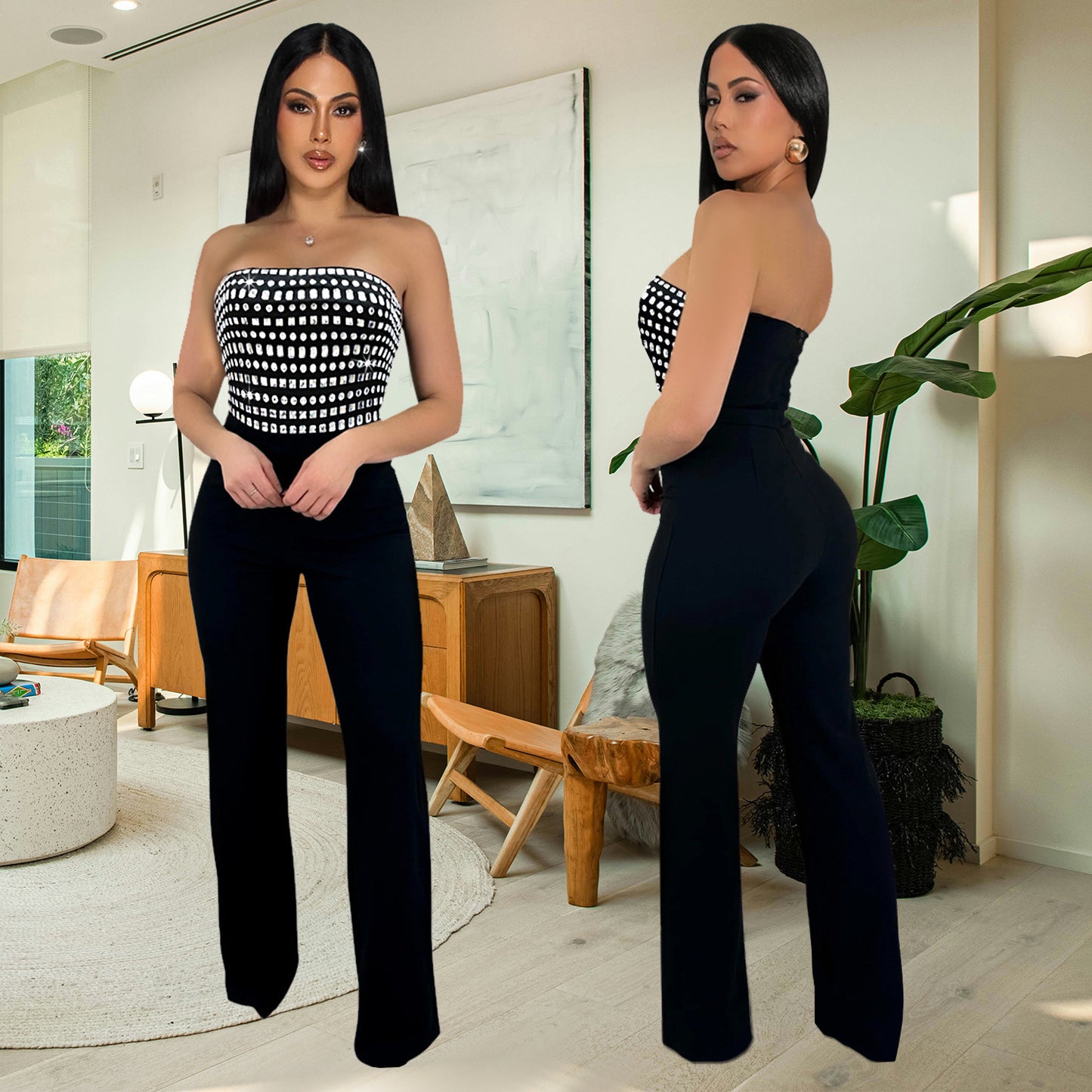 Luxury Rhinestone Strapless Bodysuit & Straight Fit Long Pants Set - Chic Two-Piece Party Outfit