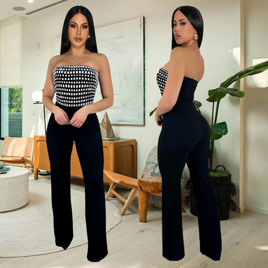Luxury Rhinestone Strapless Bodysuit & Straight Fit Long Pants Set - Chic Two-Piece Party Outfit