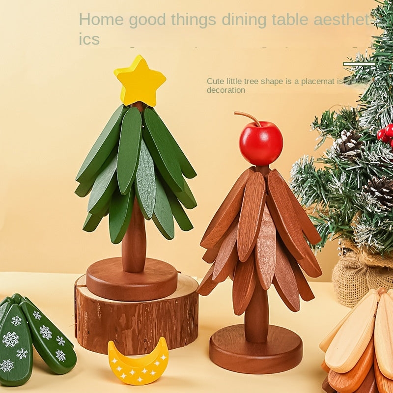 Solid Wood Tree-Shaped Drink Placemat - Unique Festive Table Trivet & Gift
