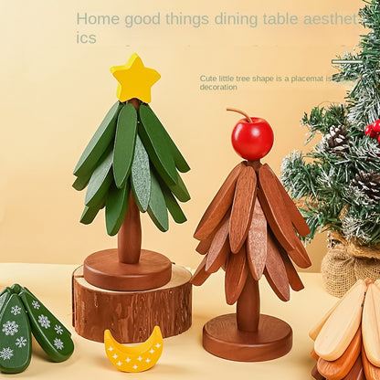 Solid Wood Tree-Shaped Drink Placemat - Unique Festive Table Trivet & Gift