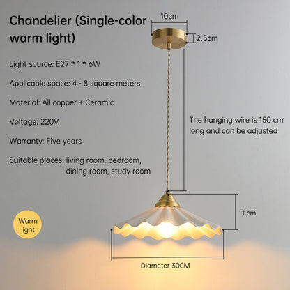 All-Copper Retro Rice-Hat Pendant Light – Elegant Floral Ceramic Chandelier for Bedroom & Cafe