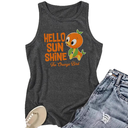 Hello Sunshine' Orange Bird Print Vest | Loose Fit Graphic Tank Top for Women