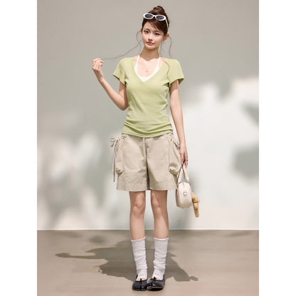 Women's Green V-Neck T-Shirt with U-Neck Halter Bralette Tank Top Set