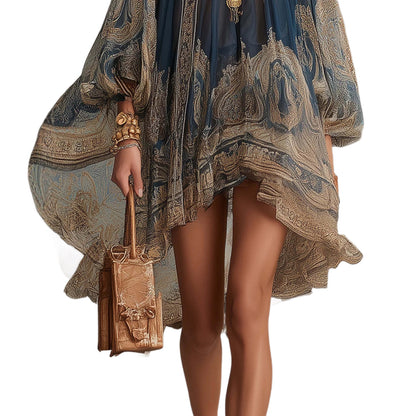 Elegant Asymmetrical Flowing Boho Dress - Chic Lantern Sleeve Party Gown
