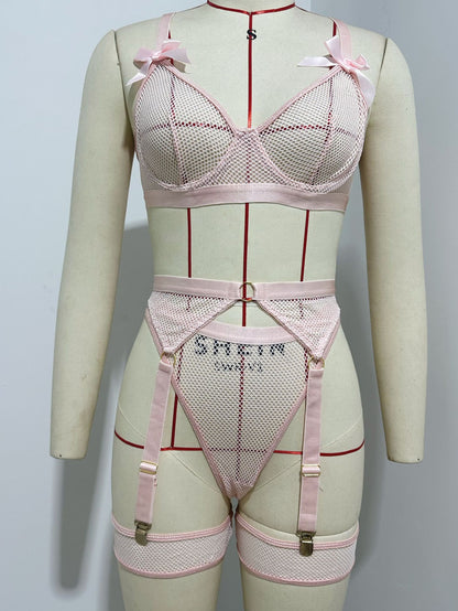 Blue Mesh Lingerie Set with Bowknot Detail and Garter Belts