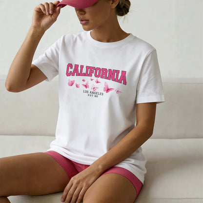 Women's Casual California Graphic Tee - Cute Butterfly Pattern T-Shirt