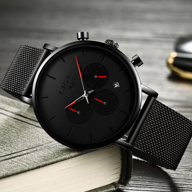 LIGE Men's Ultra-Thin Black Mesh Strap Multi-Function Quartz Watch