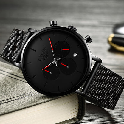 LIGE Men's Ultra-Thin Black Mesh Strap Multi-Function Quartz Watch