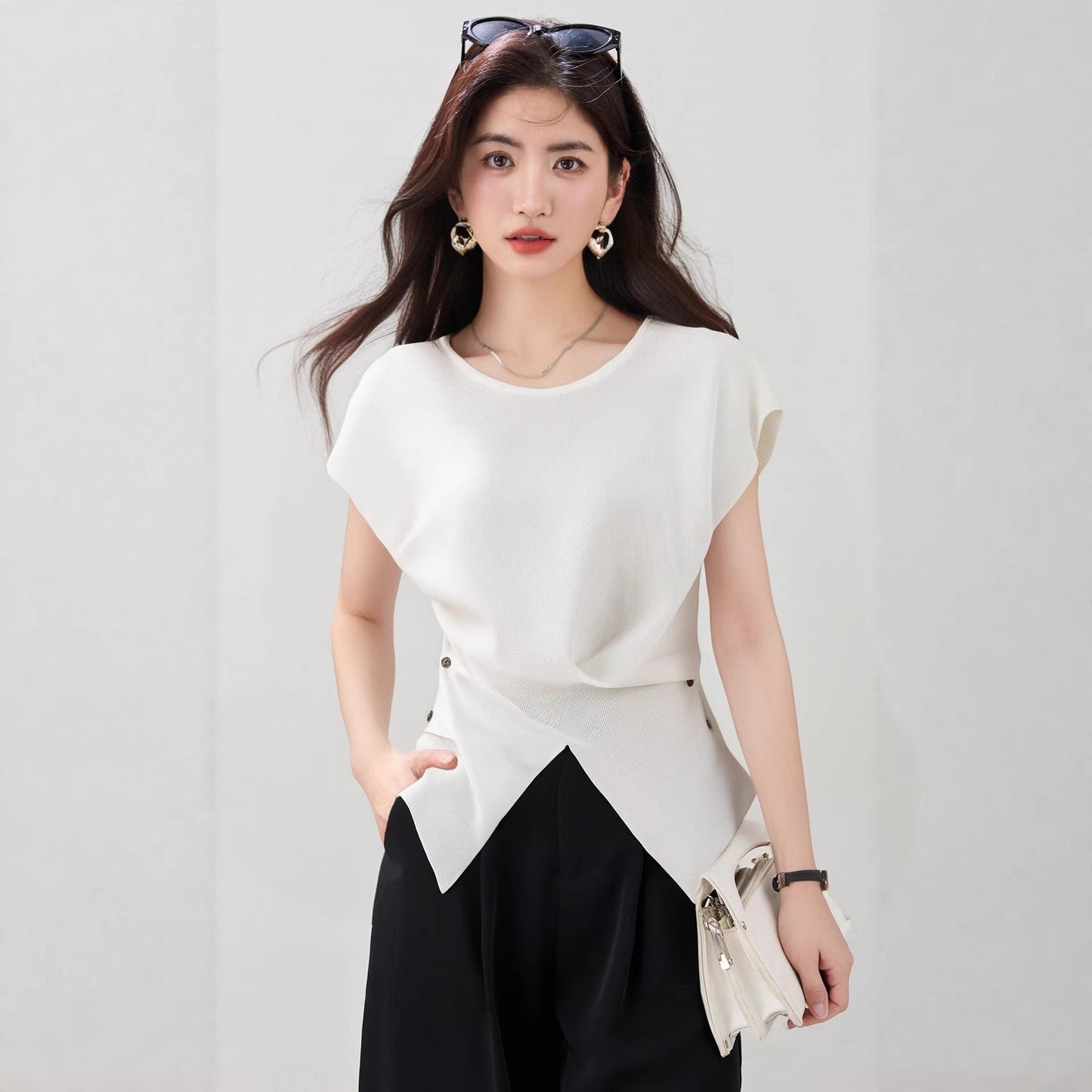 Women's Irregular Hem Knit Top - Elegant Side Button Short Sleeve Sweater