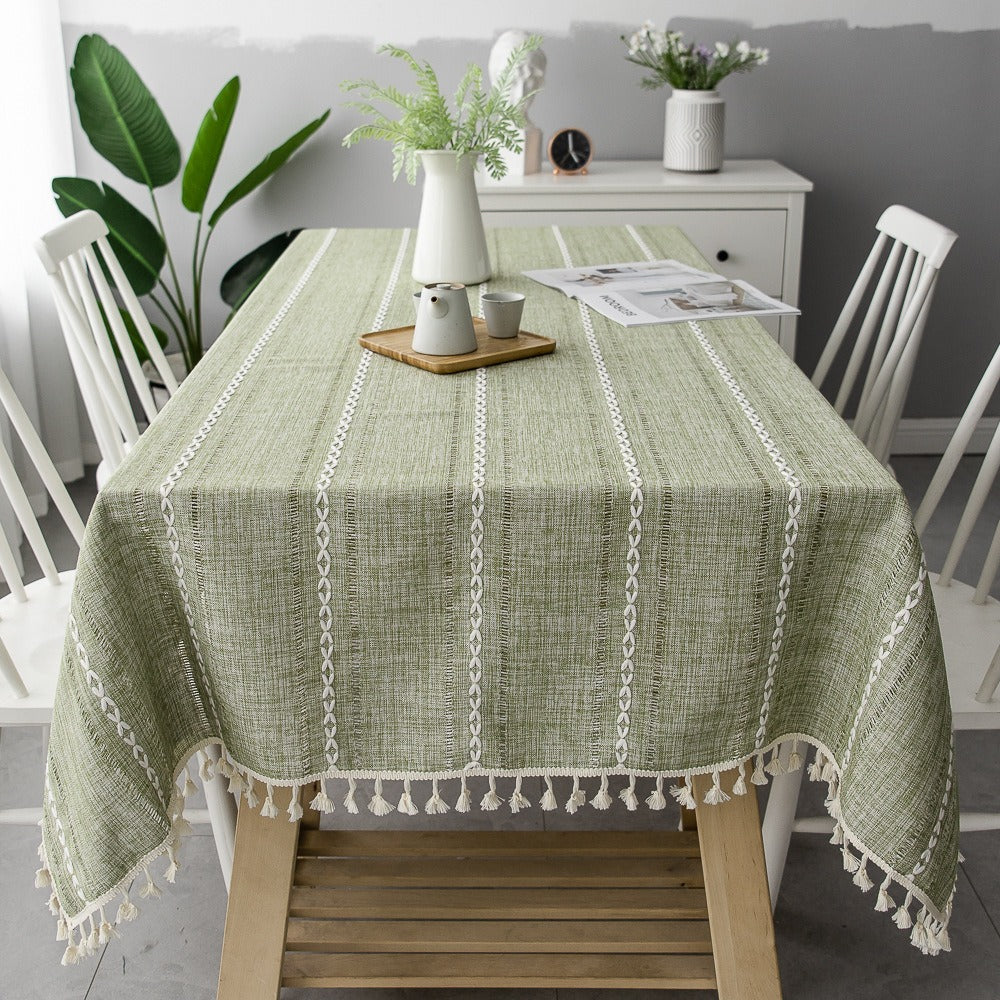 Nordic Jacquard Cotton Linen Tablecloth – Elegant Pink Long Stripe Table Cover with Decorative Tassels