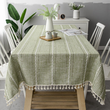 Nordic Jacquard Cotton Linen Tablecloth – Elegant Pink Long Stripe Table Cover with Decorative Tassels