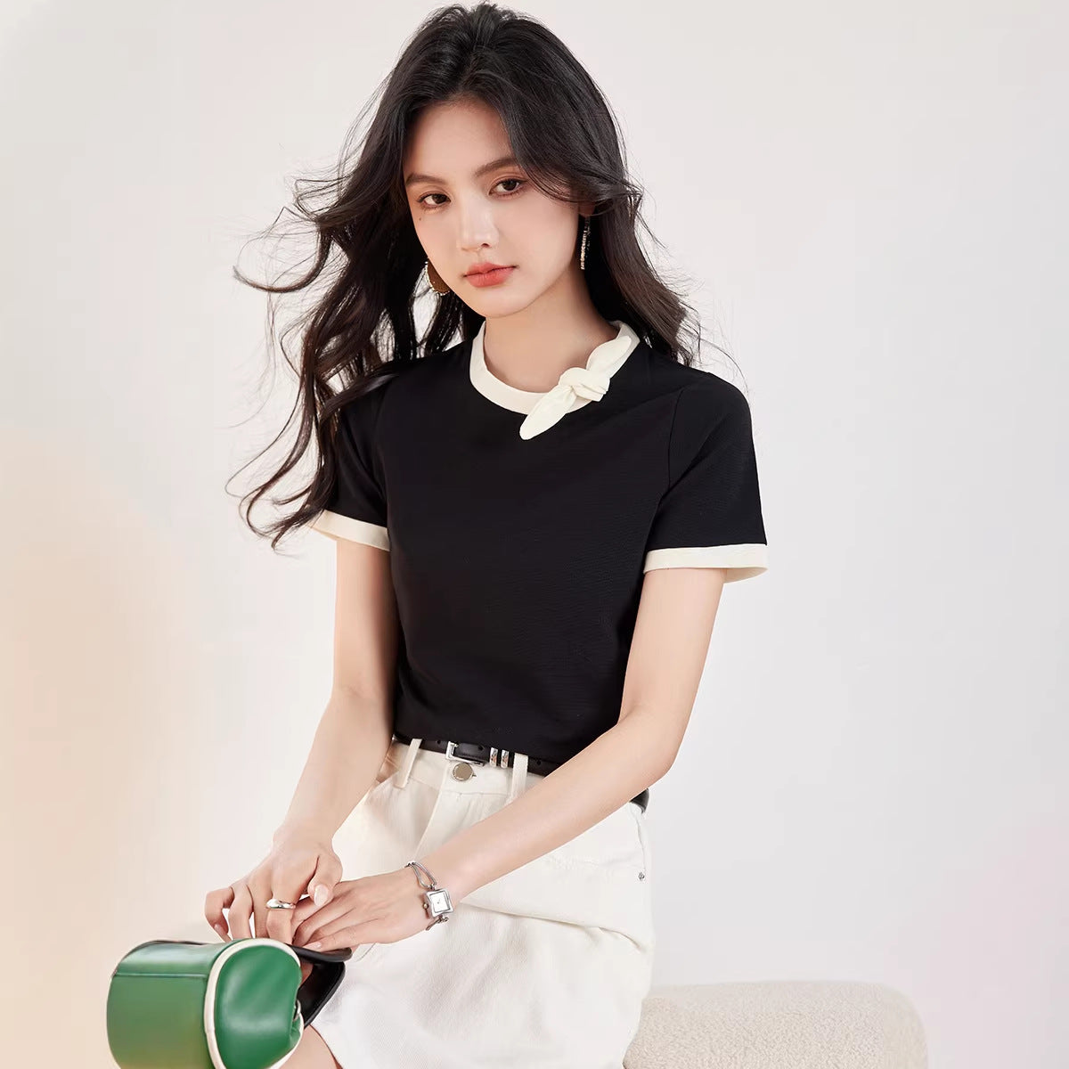 Chic Black Cotton T-Shirt for Women - Short Sleeve Summer Top with Bow Detail