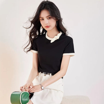 Chic Black Cotton T-Shirt for Women - Short Sleeve Summer Top with Bow Detail