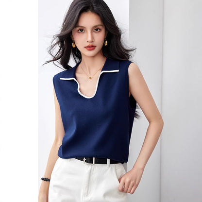 Elegant V-Neck Polo Knit Vest - Versatile Shoulder Cover Top for Women