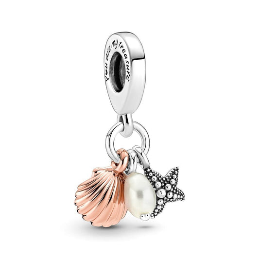 Sterling Silver & Rose Gold-Tone Shell Starfish and Pearl Dangle Charm / Ocean & Beach Themed Charm Pendant for Bracelets