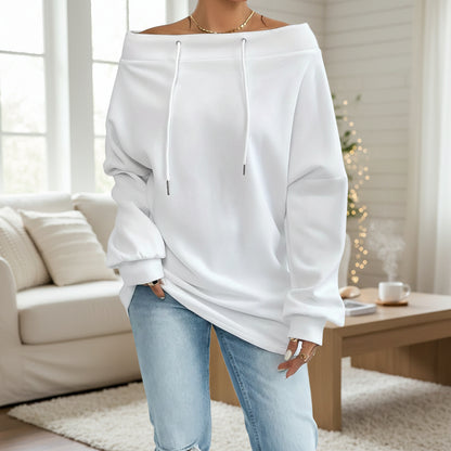 Women's Off-Shoulder Drawstring Loose Fit Hoodie, Sexy One-Shoulder Sweatshirt