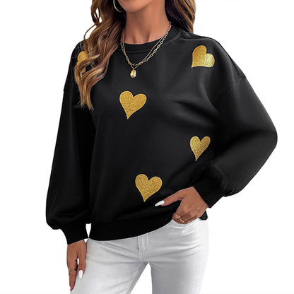 Gold Heart Printed Black Sweatshirt | Loose Fit Round Neck Long Sleeve Pullover