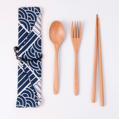 Japanese Style 3-Piece Portable Wooden Cutlery Set with Pouch